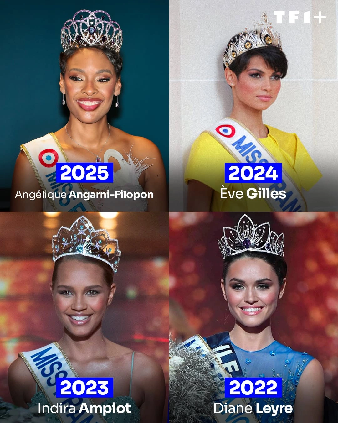 Les Miss France des éditions 2022 à 2025 en couverture d’une rétrospective depuis 1996